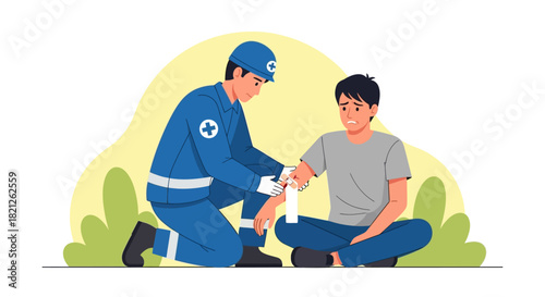 Paramedic in uniform and helmet applying bandage to injured persons arm, first aid kit and bottle nearby, outdoor setting with trees, medical care concept
