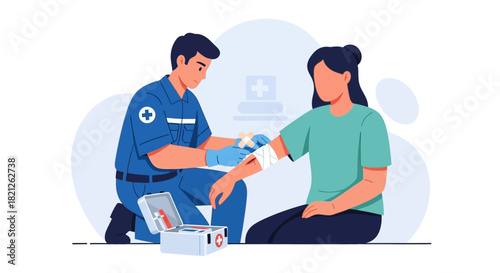 Medical professional in uniform applying bandage to persons arm, with first aid kit open nearby, symbolizing medical assistance and care