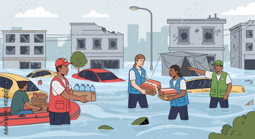 Volunteers in rescue boat deliver essential supplies like water and food to people stranded in flooded city streets with damaged buildings and submerged cars during natural disaster