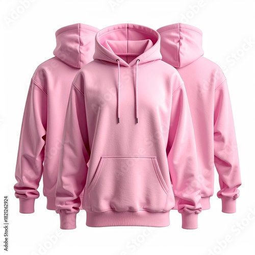Three light pink hoodies, viewable from different angles,  on a white background