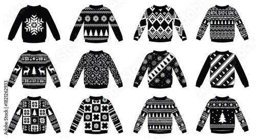 Collection of twelve ugly christmas sweater silhouettes in black and white featuring winter holiday and nordic knit patterns. isolated on white background, Vector, illustration