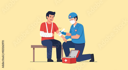 Medic attending to an injured person with bandaged arm, sitting on bench with first aid kit, depicting immediate medical attention and injury management