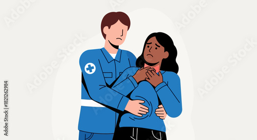 Paramedic assisting woman experiencing chest pain and difficulty breathing, providing immediate medical care and support