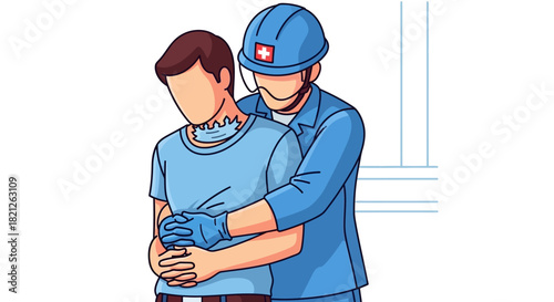 Rescuer in blue uniform and helmet performs the heimlich maneuver on person in distress, demonstrating lifesaving first aid techniques and emergency medical assistance in critical situation