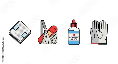 Collection first aid supplies including sterile pad, bandage with red cross, antiseptic solution, and medical gloves, isolated on