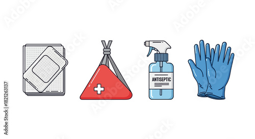 Set medical supplies for first aid, including sterile pad, red first aid kit triangle with cross, antiseptic spray bottle, and blue medical gloves, isolated on