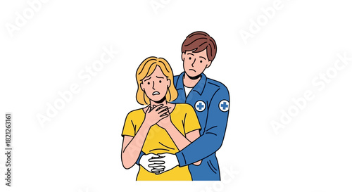 Paramedic performing the heimlich maneuver on choking woman, providing emergency medical assistance
