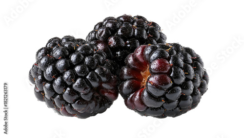 Close-up of three ripe blackberries, showing texture and varying shades