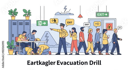 People evacuating building during an earthquake drill, following instructions from police officer and exit signs, while others are on the floor in safety position