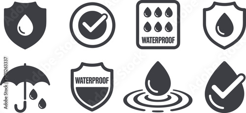 Waterproof and Water Drop Icons Set Keywords: waterproof, water, drop, shield, umbrella