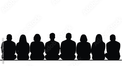 Eight people sitting in a row, seen from behind, as a unified black silhouette on a white background illustration vector. isolated on white background, Vector, illustration