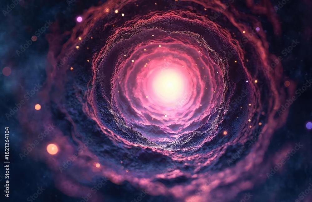 Fototapeta premium Abstract cosmic tunnel vortex with glowing light at end. Swirling nebulae clouds, tiny stars drift through deep space. Hyperspace journey through galaxy.