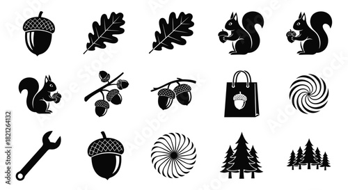 Nature and abstract design icons featuring acorn, squirrel, oak leaf, pine tree, wrench, and spiral silhouettes isolated on white background, Vector, illustration
