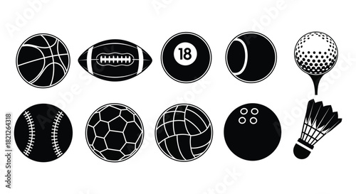 Black and white vector silhouettes of diverse sports equipment collection including basketball, football, golf, baseball, and shuttlecock isolated on white background, Vector, illustration