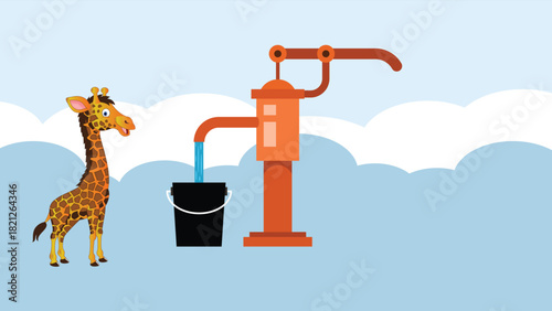 Giraffe getting water from a hand pump