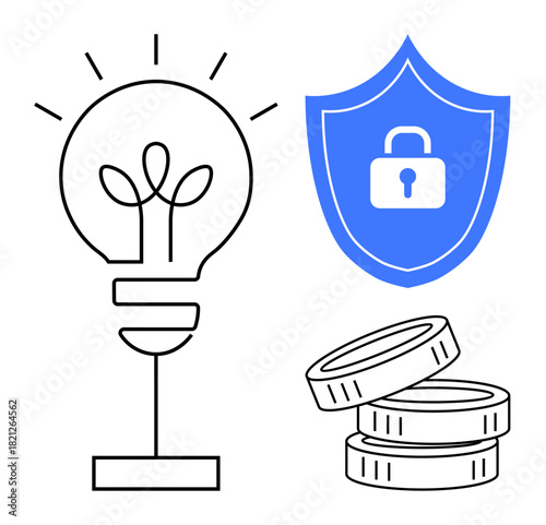 Light bulb with sprouting design representing innovation, stacked coins symbolizing finance, and blue shield with lock reflecting security. Ideal for innovation, finance, security, investment