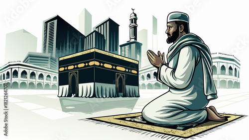 Muslim man praying in front of the kaaba in mecca