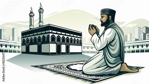Man praying in front of kaaba in mecca illustration
