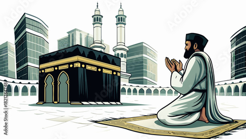 Man praying at the kaaba in mecca saudi arabia