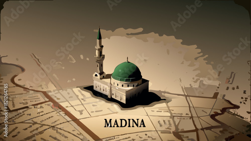 Aerial view of madina with mosque and green dome