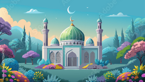 A mosque with a green dome in a colorful garden