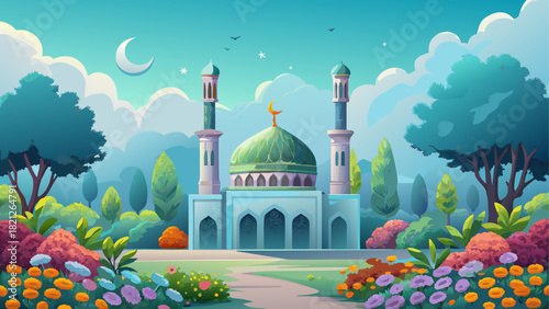 A cartoon mosque with garden and crescent moon view