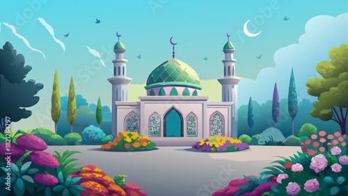A mosque with a green dome surrounded by flowers