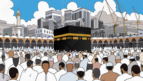 Illustration of the kaaba with a large crowd nearby
