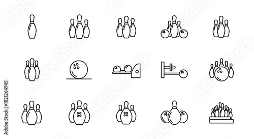 Bowling sport game icon vector set collection including pins ball and lane equipment outline symbols. perfect for web design. isolated on white background, Vector, illustration