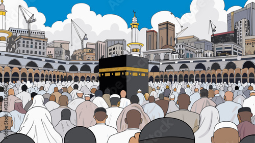 Illustration of the kaaba with many people around