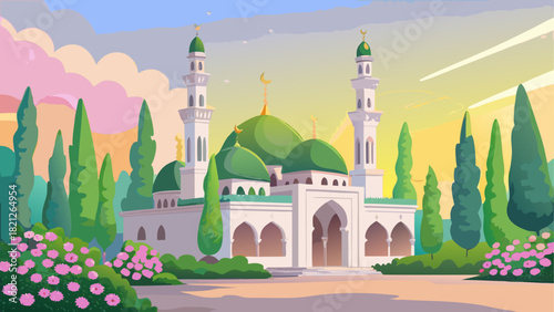 Illustration of a mosque with green domes and towers