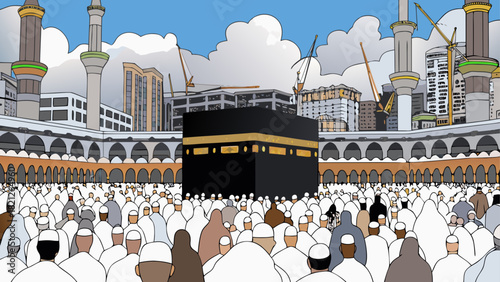 Illustration of the kaaba with people and buildings