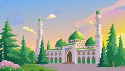 Illustration of a mosque with trees and cloudy sky