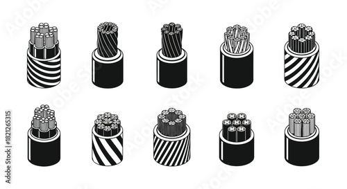 Electrical cable cross section icon set showing various wire cores, copper strands, insulation, and conductor structures vector illustration. isolated on white background, Vector, illustration