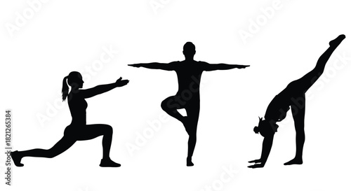 Silhouettes of athletes performing various workout poses including a lunge, tree pose, and standing split for fitness concept designs. isolated on white background, Vector, illustration