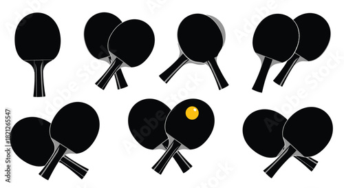 Black table tennis paddle silhouette set and icons with a ping pong ball isolated on a white background. isolated on white background, Vector, illustration