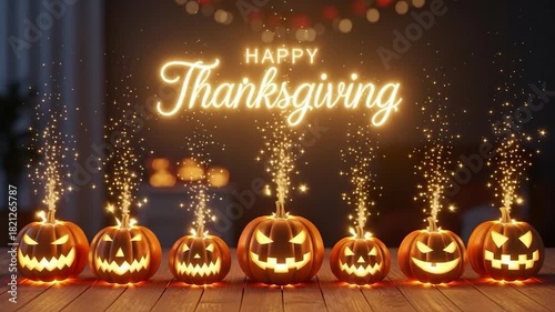 Cartoon Thanksgiving Pumpkin Character Animation, 
3D Gold Thanksgiving Dinner Table Setup Animation