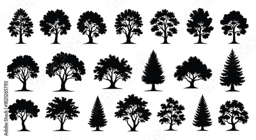 Isolated vector tree silhouettes collection for nature forest landscape logo design icon elements graphic set. isolated on white background, Vector, illustration