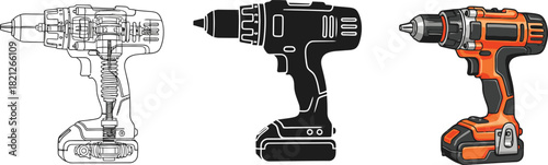 Cordless drill illustration set including line art silhouette and color versions for construction and repair projects