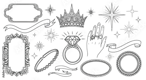 Ornate jewelry and royalty line art collection: diamond ring, elegant crown, hand, vintage frames, sparkles, ribbon set isolated on white background, Vector, illustration