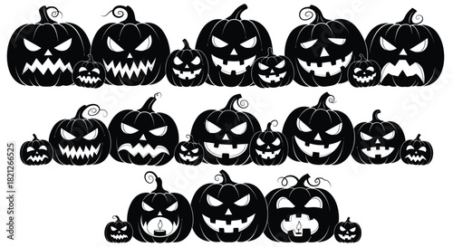 Scary halloween jack-o-lantern pumpkin faces silhouette set vector graphic illustration spooky pattern border element isolated on white background, Vector, illustration