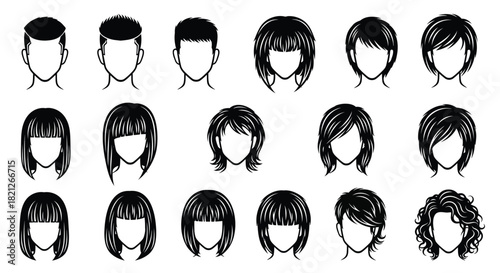 Set of various hairstyles for men and women. monochrome vector icons featuring different haircuts and face shapes. isolated on white background, Vector, illustration