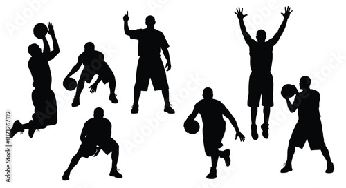 Seven basketball player silhouettes engaging in dynamic game action: shooting, dribbling, jumping, defense, and coaching signals. isolated on white background, Vector, illustration