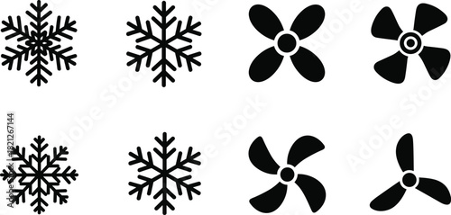 Set of black snowflake and fan propeller icons, vector illustration for winter weather and air cooling concepts, isolated silhouettes for design elements