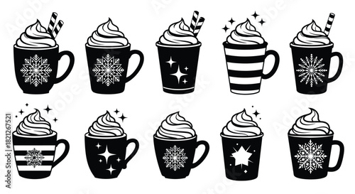 Black silhouettes set of hot cocoa cups with whipped cream, featuring snowflakes, stripes, stars, and candy cane decorations, isolated. isolated on white background, Vector, illustration