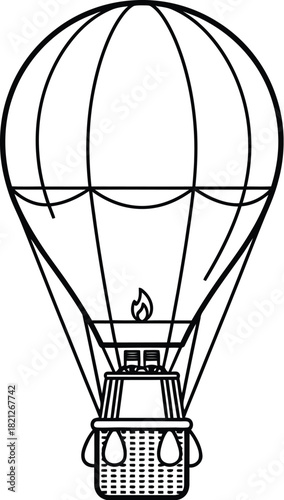 Simple black and line art drawing of a classic hot air balloon with a basket, for easy use