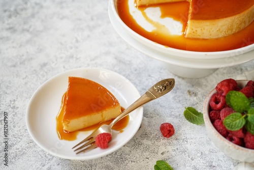 Homemade Flan | Creme caramel pudding served with raspberries