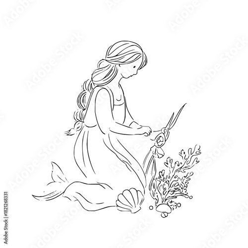 A mermaid with long braided hair sitting near coral and a shell cutting seaweed with scissors art