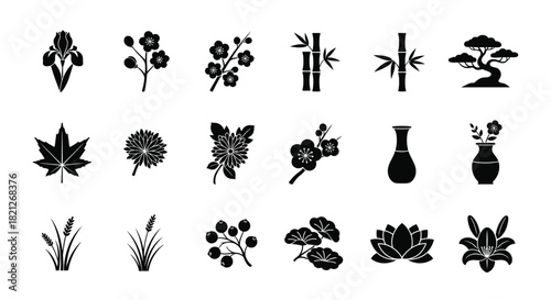 Traditional japanese floral and botanical black silhouette icons set including iris bamboo bonsai and plum blossom isolated on white background, Vector, illustration