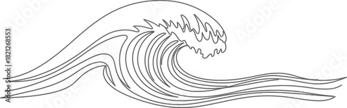 Simple black and line art drawing of a large ocean wave cresting and curling over